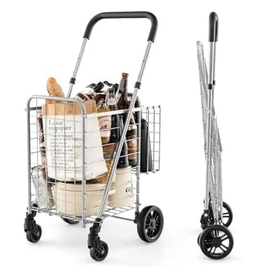 GYMAX Carrello Porta Spesa Pieghevole a 4 Ruote, Cestino a Doppio, Bracciolo con 2 Altezze Regolabili, Trolley Spesa Acciaio, Carico di 20 kg, Capacità di 48+10 L, Compatto e Salvasapzio (S, Argento)