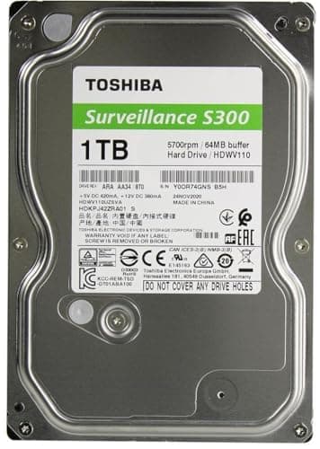 Toshiba 1TB S300 Surveillance HDD - 3.5' SATA Internal Hard Drive Supports up to 64 HD cameras at a 180TB/Year workload (‎HDWV110UZSVA)