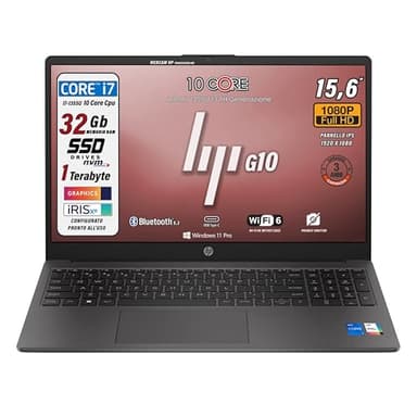 HP 250 G10, PC Portatile CPU Intel Core i7-1355U 13th 10 Core, fino a 5 GHz, RAM 32 GB, SSD 1 TB, Display 15.6" FullHD, Wi-Fi 6, BT, WebCam, HDMI, Privacy Shutter, Win 11Pro, Pronto all'Uso