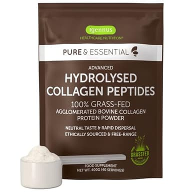 100% Collagene Agglomerato Proveniente da Bovini Allevati ad Erba, Peptidi di Collagene Idrolizzato in Polvere, Non Aromatizzato, Collagene da Bere 400gr, Igennus