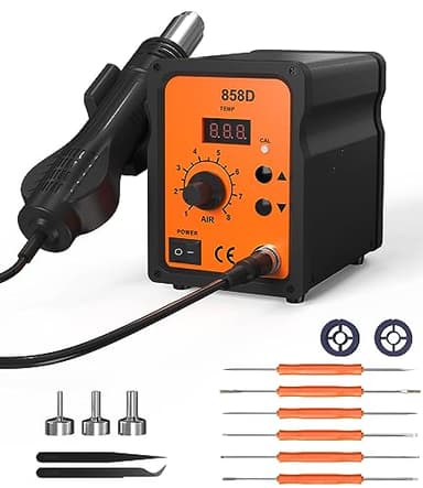 FAOKZE Stazione di saldatura ad aria calda 700W,858D Rework Station con Display LED 100-480°C,Stazione Saldante Aria Calda con 3 punte,2 rotoli di filo di saldatura,2 pinzette e un kit di strumenti.