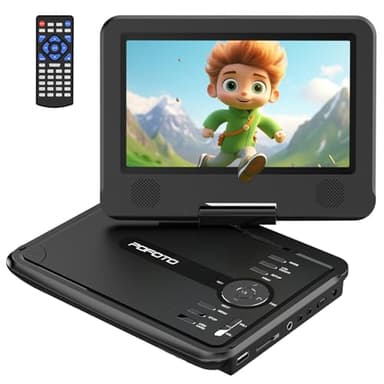POFOTO Lettore DVD Portatile 9,5'' con Schermo HD Ruotabile 7,5'', Batteria 4-6 Ore, Supporto Multiformato Dischi/SD/USB, Antiurto, Riproduzione Memoria, Sync TV e Proiettore, con Caricatore per Auto
