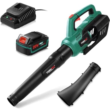 POSENPRO Soffiatore Foglie, Soffiatore a Batteria 20V con Batteria da 4.0Ah e Caricatore, Soffiatore Giardino con 580CFM, Ugelli a 2 Sezioni, per Foglie Giardino, Trucioli Legno, Pulizia del Cortil