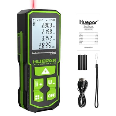 Huepar Misuratore di Distanza Laser 393Ft(120M), Batteria Ricaricabile, Visualizzazione a Doppio Angolo, M/In/Ft, Modalità di misurazione silenziose e multiple, Pitagorico, Distanza, Area -S120 +