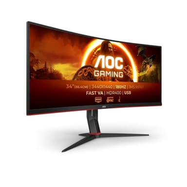 AOC Gaming CU34G2XPD - Monitor curvo WQHD da 34 pollici, 180 Hz, VA veloce, GTG da 1 ms, FreeSync Premium, HDR400, supporto regolabile in altezza (3440x1440, HDMI, DisplayPort, hub USB)