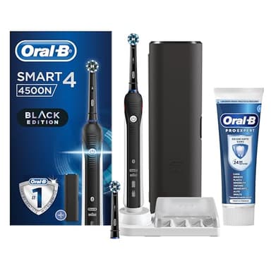 Oral-B Spazzolino Elettrico Ricaricabile Smart 4 4500 Nero, 2 Testine, 1 Custodia da viaggio, 1 Spazzolino +1 Dentifricio Pro-Expert Sbiancante Sano