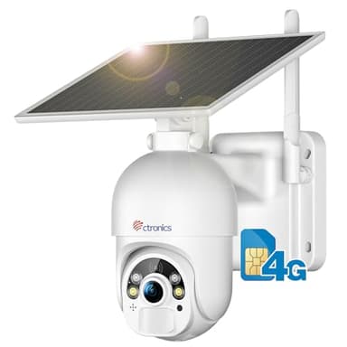 Ctronics【2,5K 4MP】3G/4G LTE Telecamera con Pannello Solare, telecamera 4g con Sim, Audio Bidirezionale, Rilevamento di Presenza Umana PIR Compatibile Telefono/Tablet/PC, Pan 355 Tilt 90 zoom,IP66