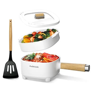 Audecook Padella elettrica con vaporiera 2L, Padella in Ceramica Antiaderente Aggiornata 24cm, Multifunzione Pentola Elettrica Cuocipasta per Bistecca,Uova,Ramen,Farina d'avena(Bianco/con vaporiera)