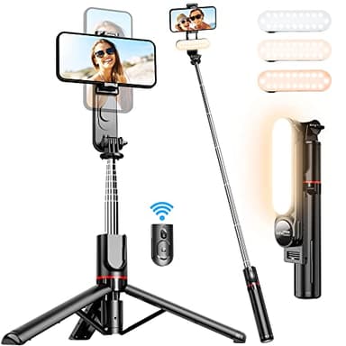 Bastone Selfie Treppiede con Luce di Riempimento, Treppiede per Telefono Extra Lungo da 111CM con Telecomando Staccabile Selfie Stick con Rotazione a 360° per Compatibile con iPhone Samsung Huawei