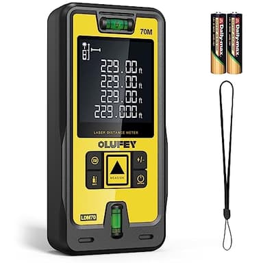 Metro Laser 70M,OLUFEY Misuratore di Distanza Laser Portatile Digital Misuratore Range Finder con Livelli di Bolla e Grande LCD Retroilluminato IP54 (Batteria Inclusa)