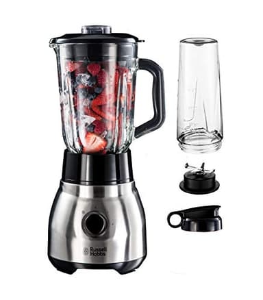 Russell Hobbs Frullatore Elettrico 2 in 1 - Frullatore in Vetro da 1,5 l e Bicchiere-MIxer in Vetro da 0,6 l Portatile - Lavabile in lavastoviglie, Tritaghiaccio, Tazza no BPA, Acciaio Inox 23821-56