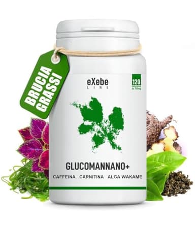Exebe Line Glucomannano Drenante Forte Dimagrante Brucia Grassi Potente Veloce Integratore con Alga Wakame Carnitina Caffè Verde Tè Verde Keto 120 CPS Made in Italy