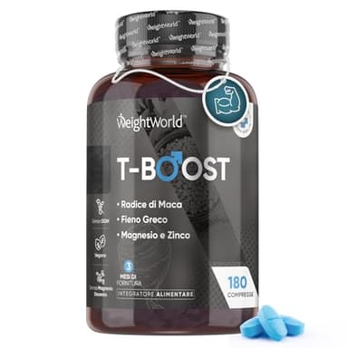 Testosterone Uomo, Massa Muscolare, 180 Compresse Vegan, T-Boost con 4000mg di Maca Peruviana, Integratore Uomo, 12 Ingredienti, Vitamina D3, B9, B12, Magnesio, Zinco, Acido Aspartico, Fieno Greco