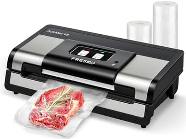 FRESKO Automatica Macchina Sottovuoto Alimenti, 140 Watt, Macchina Sottovuoto a Mani Libere, Rilevamento Secco/Umido, Borsa per 2 Rotoli, Taglierina Incorporata e Custodia per Borsa (AutoMax V8)
