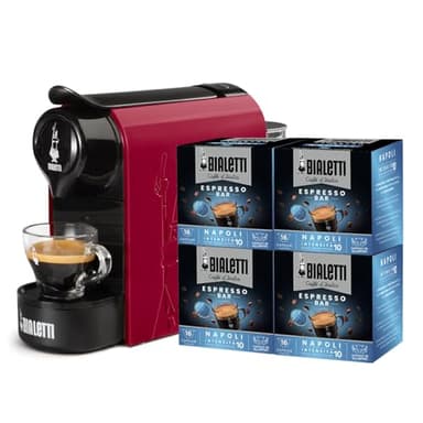 Bialetti Gioia, Macchina Caffè Espresso per Capsule in Alluminio, Incluse 64 Capsule, Funziona Esclusivamente con Capsule, Rosso