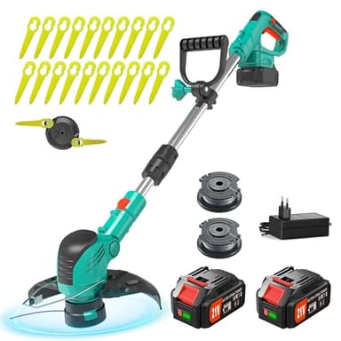 JWDJ K80 Decespugliatore Tagliabordi A Batteria 21v, Diametro Taglio 9 In E Filo Da 1.65 Mm - 2 Batteria Inclusa, Rasaerba Elettrico Da Giardino, Stelo In Alluminio Regolabile (Verde)