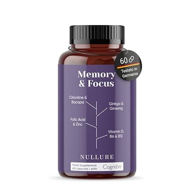 Nullure Nootropico Naturale · Memoria e Concentrazione | Agilità Mentale · Attenzione · Energia | Citicolina COGNIZIN + Ginkgo Biloba + Bacopa Monnieri | Senza Caffeina | Integratore Vegano | 60caps