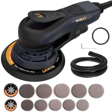 MAXXT Levigatrice palmare orbitale elettrica da 5 mm, con motore senza spazzole, platorelli da 150 mm e 125 mm, aspirazione centrale, per la lavorazione del legno su misura