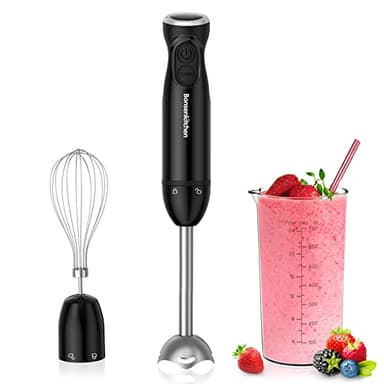 Bonsenkitchen Frullatore ad Immersione 3 in 1 Portatile, Frullatore Elettrico a Immersione da 1000 W, Frusta per Uova, Bicchiere da 700 ml per Preparare Pappe, Salsa, Zuppe, Nero- HB3202