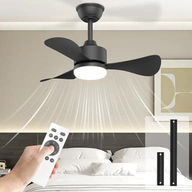 Airwit 71cm Ventilatore da Soffitto con Luce e Telecomando, Silenzioso Lampadario Ventilatore Soffitto, Petit 3 Pales Ventola Soffitto LED per Camera da Letto, Cucina, Reversible Motore DC, 6 Velocità