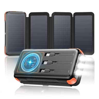 Caricabatterie Solare Wireless Power Bank - SOARAISE 25000mAh 20W Caricatore Portatile Senza Fili con 3 Cavi e 4 Pannelli, USB C PD QC 3.0 Ricarica Rapida Batteria Esterna con Luci LED per Campeggio