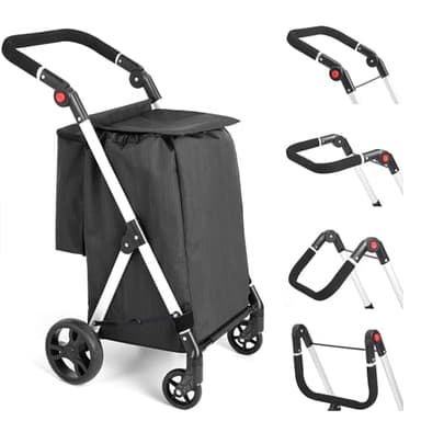 LEUYA ABC Carrello della Spesa, 8L e Tasca Posteriore, con 4 Ruote, e una grande Capacità di 25 kg Carrello Portaspesa, 46L Trolley Spesa on Wheels (Nero)