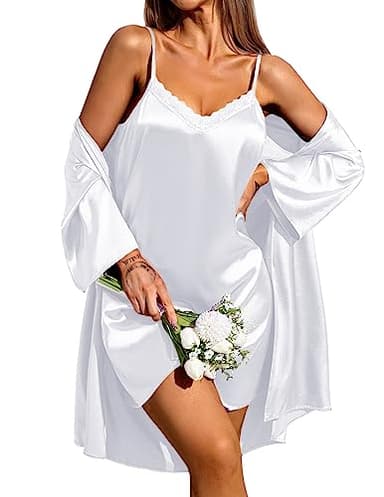 Ekouaer Camicia da notte da donna in raso senza maniche Camicia da notte e vestaglia Pigiama da notte in due pezzi bianco L