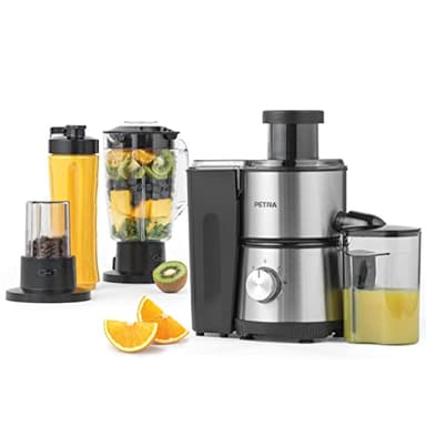 Petra PT4294VDEEU7 4 in 1 Centrifuga elettrica - spremiagrumi, frullatore, macinacaffè, caraffa da 1 l e Bottiglia, 2 velocità a impulsi, frullati proteici, Tazza da 30 g di caffè, Senza BPA, 400W
