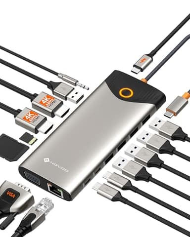 NOVOO Docking Station USB C, 15 in 1 Hub C con Adattatore HDMI Dual 4K@60Hz, Porte C/A, 100W PD, RJ45, SD/TF e Audio, Multiport Hub USB C per MacBook/iPad/iPhone/Dell/HP/Lenovo