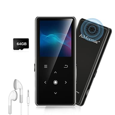 64GB Lettore MP3 con Bluetooth 5.2, AiMoonsa Lettore Musicale con Altoparlante HD Integrato, radio FM, Registratore Vocale, Suono HiFi, Peso 0,15 lb, Funzione E-book, Auricolari Inclusi