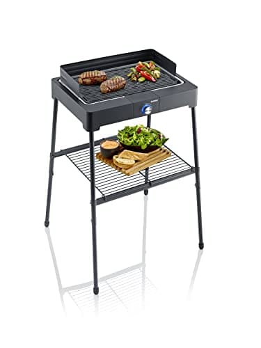 SEVERIN PG 8568 Barbecue elettrico 2200W in alluminio pressofuso con stand con mensola, Grill elettrico con piastra scanalata, Griglia da tavolo per interni ed esterni, Nero