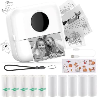 Mini Stampante Fotografica,Stampante Termica,immagine per foto, stampa di ricevute,stampante fotografica,con 10 rotoli di carta 1 adesivo per smartphone, per Fotografica Note Elenco Memo (White)