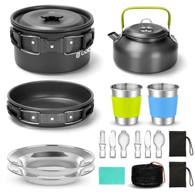 Odoland Pentole Kit da Campeggio, Set di Pentola e Padella Leggera e Antiaderente con Teiere Tazze in Acciaio Inossidabile Piatti Forchette Coltelli Cucchiai per Campeggio Trekking