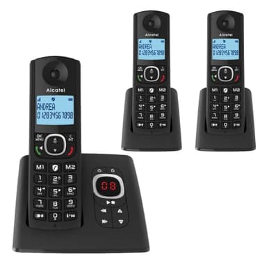 ALCATEL F530 Voice Trio - Telefono fisso cordless DECT con segreteria - Grande display - Vivavoce - Funzione blocco chiamate - 2 tasti di memoria diretta - 3 portatili - Nero