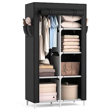 Vicye Armadio Migliorare l'utilizzo dello spazio, Guardaroba in Tessuto, Armadio Pieghevole per Camera da Letto, 1 Barra Appendiabiti, 6 Ripiani e 4 Tasche Laterali, 84 x 42 x 162 cm, Nero