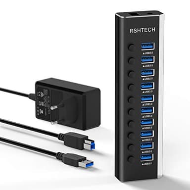 RSHTECH Hub USB Attivo 3.0 con 36W(12V/3A) di Alimentazione Alluminio 10 Porte USB 3.0 Hub con Interruttori di LED e Adattatore di Alimentazione Separati per Linux, Windows, Mac OS e Altro (RSH-A10)