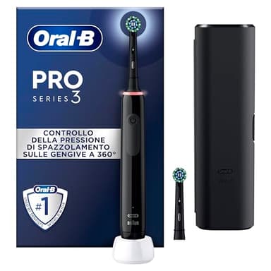 Oral-B Spazzolino Elettrico Ricaricabile Pro Series 3 Nero, 2 Testine di Ricambio, 1 Custodia da Viaggio. 1 Spazzolino