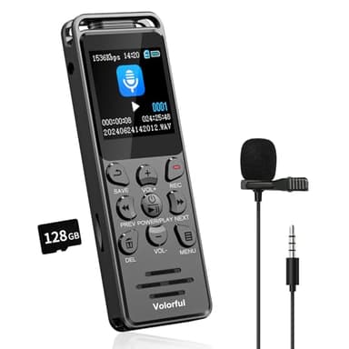 144GB Registratore Vocale Professionale, Volorful 70 Ore Registratore Audio con 1,44" Schermo Colori, Attivazione Vocale, Lettore MP3, USB-C Registratori Vocali Digitale Portatile per Lezioni Riunioni