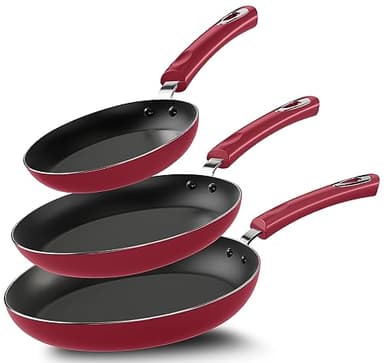 KICHLY Set Padelle antiaderenti in alluminio – set padella 3 pezzi induzione fondo, 20cm, 24cm e 28cm, nero (Rosso)