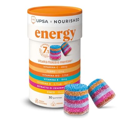 UPSA Gummies - Vitalità Fisica e Mentale, Riduzione Stanchezza Gummies x30 - Senza Zuccheri - Vitamine C, D, B12, Zinco, Ferro e Zenzero - Energy Integratore Alimentare - con Edulcoranti, Vegan