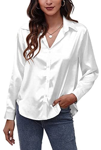 Panegy Camicia da donna in raso a maniche lunghe, con botton down, top da lavoro in seta, per ufficio, bianco, L