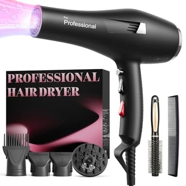 Phon Capelli Asciugacapelli Professionale 2000W con Tecnologia Ionica, Asciugatura Rapida e Delicata, Ideale per Capelli Ricci e Lisci, con Diffusore, Ugelli Styling e Pettine Concentratore, Nero