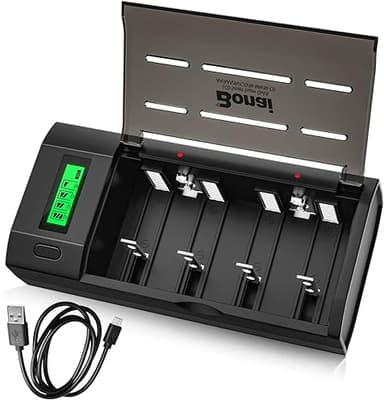BONAI Caricabatterie Universale Pile Ricaricabili per AA/AAA/SC/C/D/9V Ni-MH Ni-Cd Batterie Caricatore Display LCD con Funzione di Scarica Connessioni Micro USB o Type-C