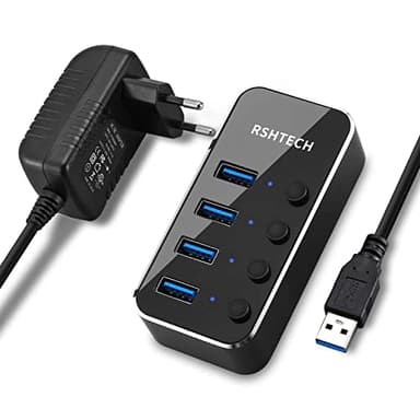 RSHTECH Hub USB 3.0 Alimentato, 4 Porte Hub USB 3.0 Splitter Espansione Hub USB in Alluminio Portatile con Alimentazione 10W(5V/2A) e Interruttore Individuale, per Trasmissione Dati