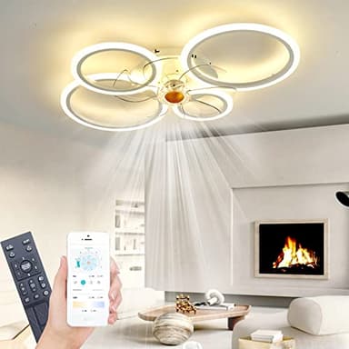 Plafoniera con Ventilatore, Ventilatori a Soffitto con luci, Ventilatore da soffitto a LED Dimmerabile con Telecomando App per Soggiorno, Camera da letto, Sala da pranzo, 6 Velocità, Timer (Bianco)