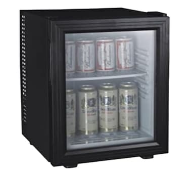 PRESENT-MORE Mini frigo silenzioso con porta reversibile, capacità 30lt, classe E - Mini frigo da camera colore nero porta vetro, 1 ripiano regolabile in plastica