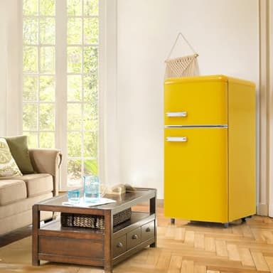 Sweiko Frigorifero vintage, frigorifero a doppia porta superiore e inferiore, volume totale 72 litri, volume congelatore 21 litri[Classe energetica E] (Yellow)
