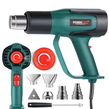 POSENPRO Pistola ad Aria Calda Professionale, Pistola Termica 2000W, 60℃- 600℃ Temperatura Regolabile, Protezione da Sovratensione, Termosoffiatore Elettrica con 7 Accessori