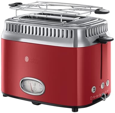 Russell Hobbs Tostapane - 2 Fette - Display per il conto alla rovescia in design retrò - Acciaio Inox Color Rosso; 6 livelli di Doratura; Funzione di Scongelamento; 1300 W, Retro Vintage 21680-56