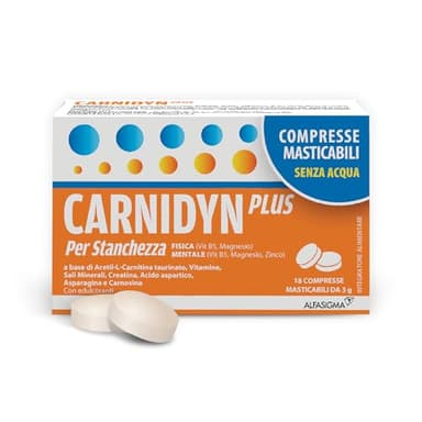 Carnidyn Plus Integratore Alimentare per Stanchezza Mentale e Fisica, 18 Compresse Masticabili Senza Acqua da 3g, Gusto Agrumi